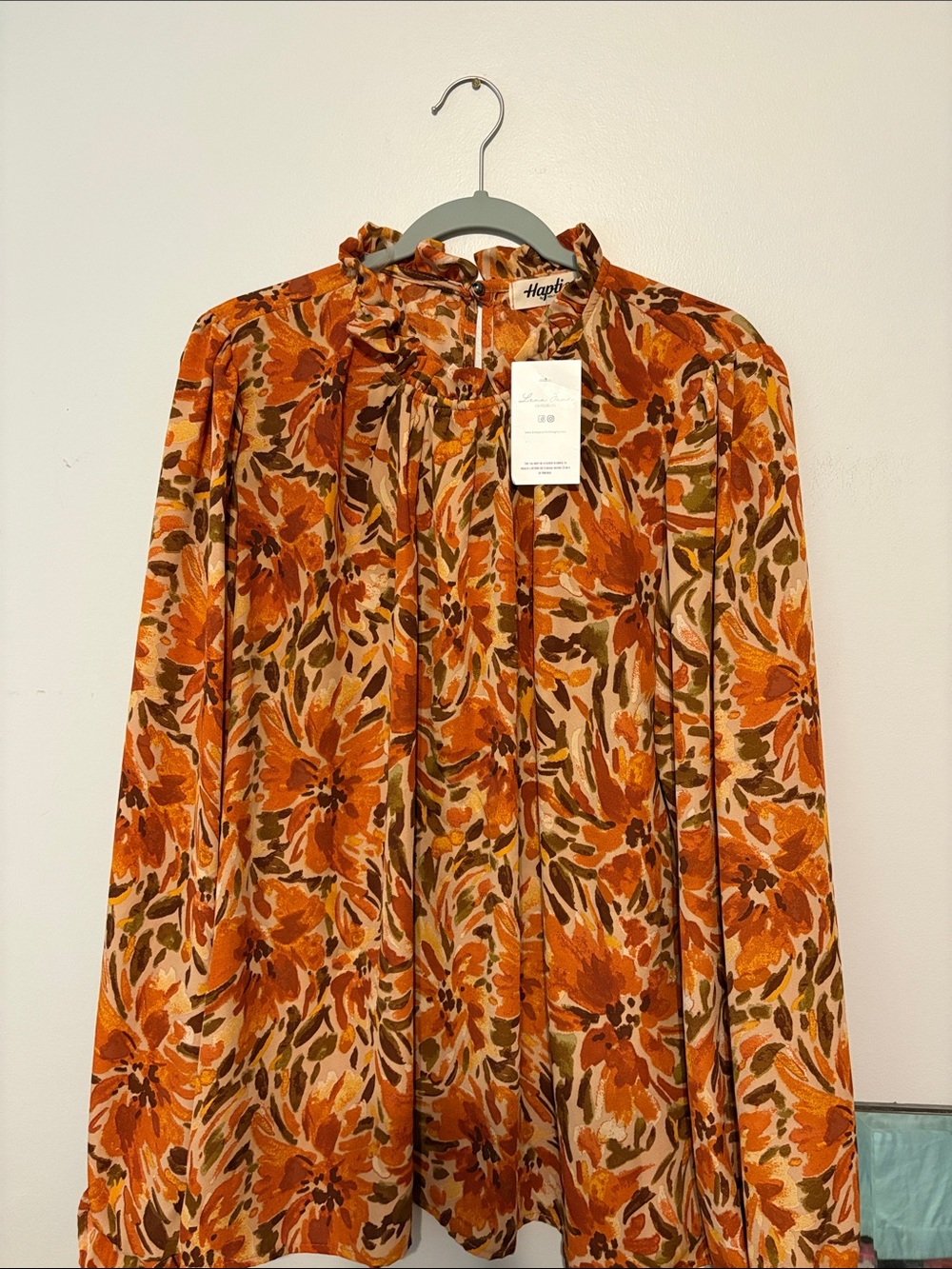Haptik Burnt Orange Floral Ruffle Tie-Neck Blouse
